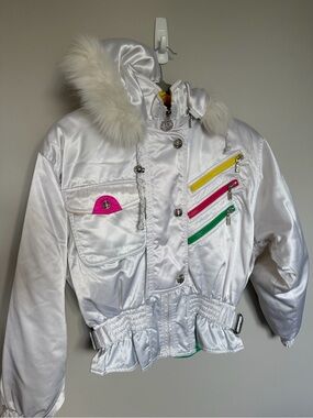 ' White Satin Bomber Jacket with Faux Fur Trim and Neon Zip Accents